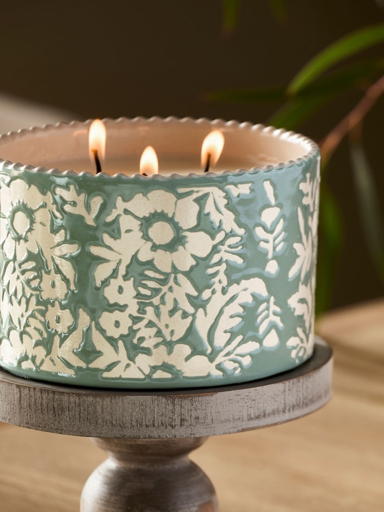 Blushing Peony Green Floral Ceramic Footed Candle - Image 2 of 3