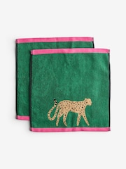 Set of 2 Green Cheetah Print 100% Cotton Face Cloths - Image 3 of 3