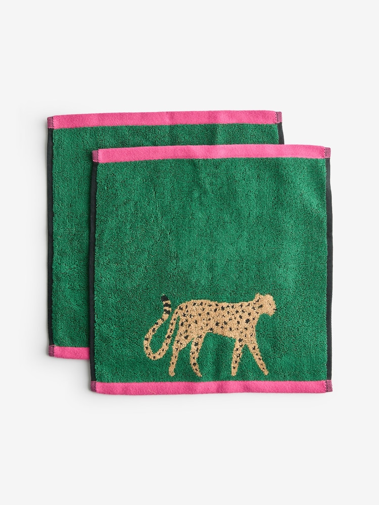 Set of 2 Green Cheetah Print 100% Cotton Face Cloths - Image 3 of 3