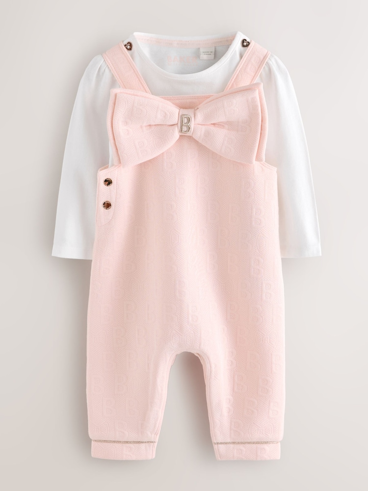 Baker by Ted Baker Pink Jacquard Bow Dungarees & T-Shirt Set - Image 1 of 9