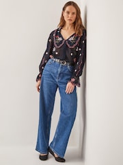 Monsoon Black Laila Sheer Embroidered Collar Blouse - Image 1 of 4
