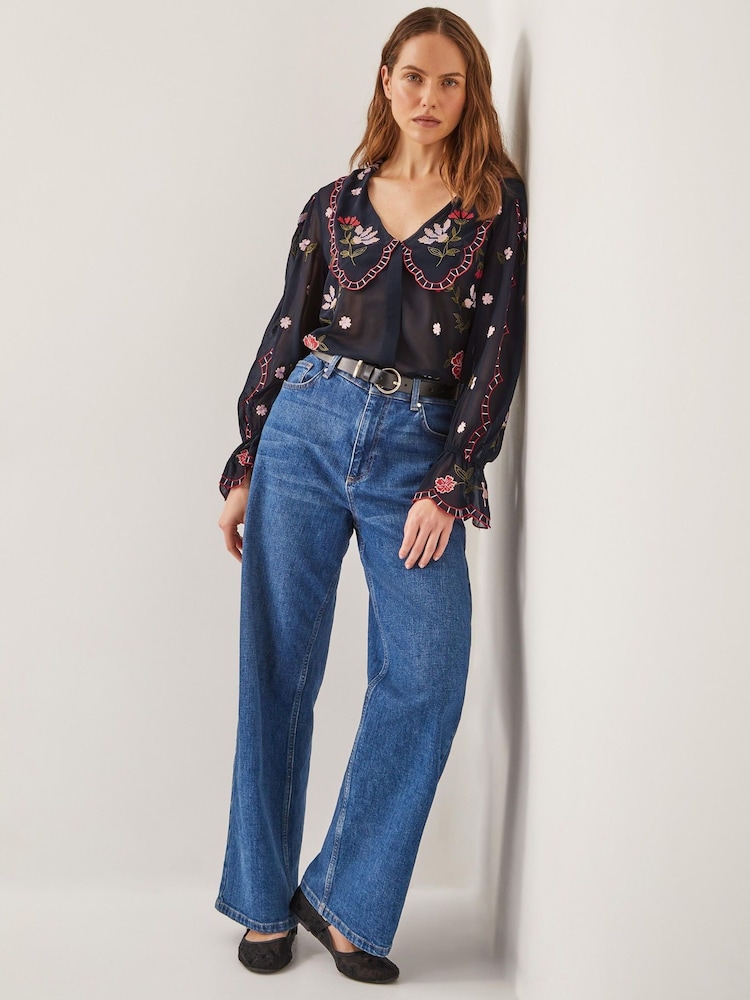 Monsoon Black Laila Sheer Embroidered Collar Blouse - Image 1 of 4