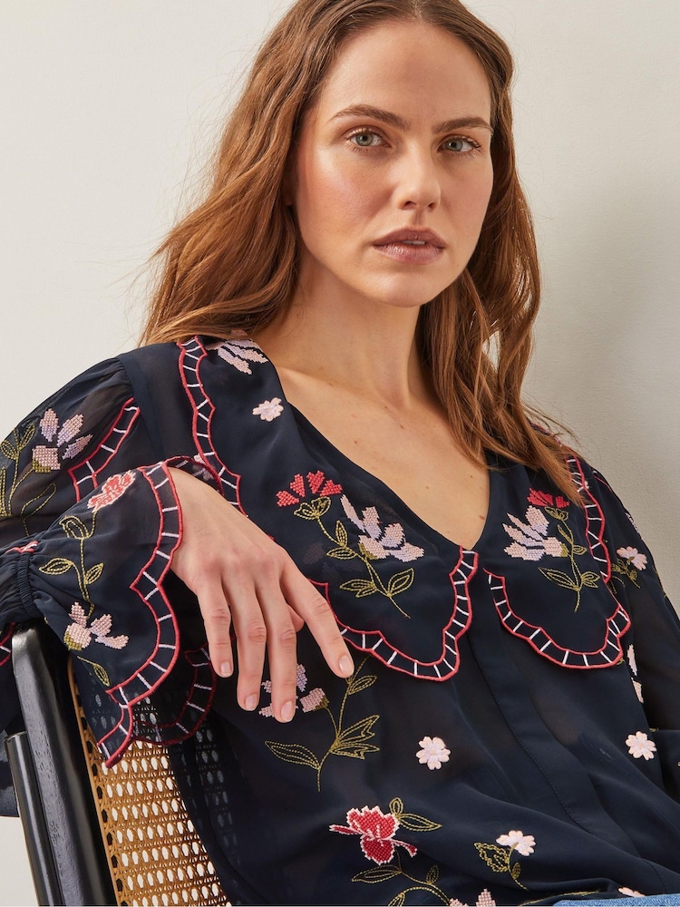 Monsoon Black Laila Sheer Embroidered Collar Blouse - Image 2 of 4