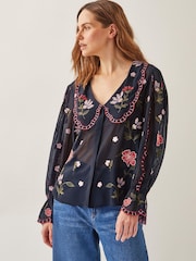 Monsoon Black Laila Sheer Embroidered Collar Blouse - Image 3 of 4