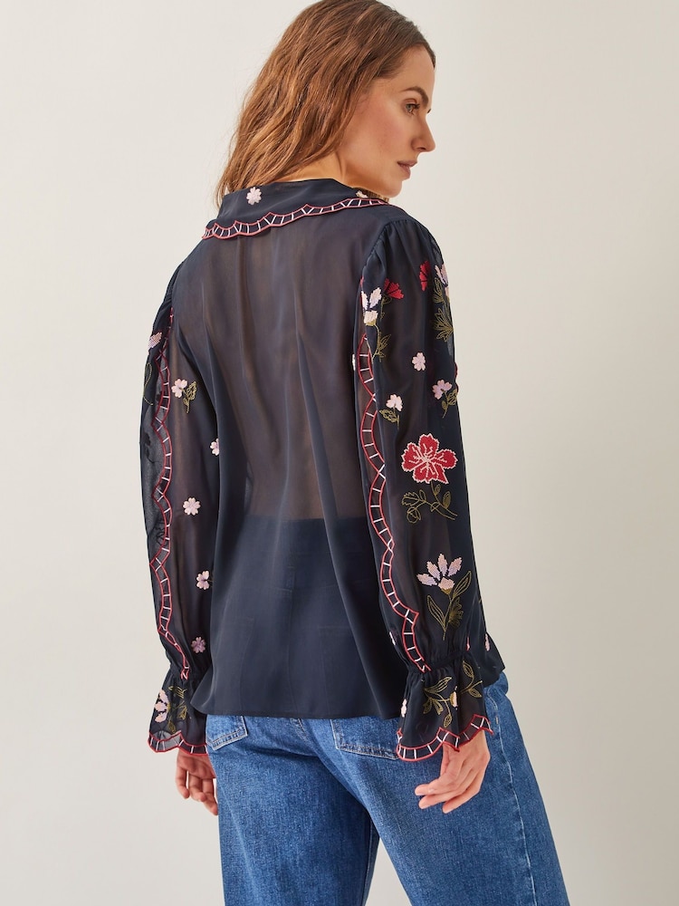 Monsoon Black Laila Sheer Embroidered Collar Blouse - Image 4 of 4
