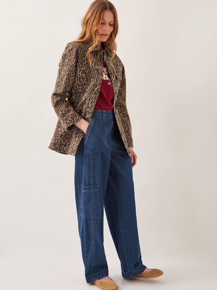 Monsoon Brown Annie Leopard Print Denim Jacket - Image 1 of 5