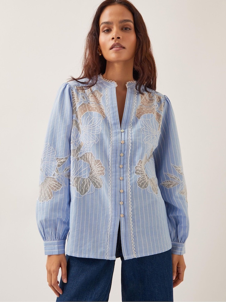 Monsoon Blue Emelie Lace Stripe 100% Cotton Shirt - Image 3 of 4