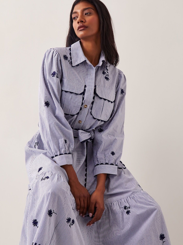Monsoon Blue Amelia Embroidered Shirt Maxi 100% Cotton Dress - Image 4 of 4