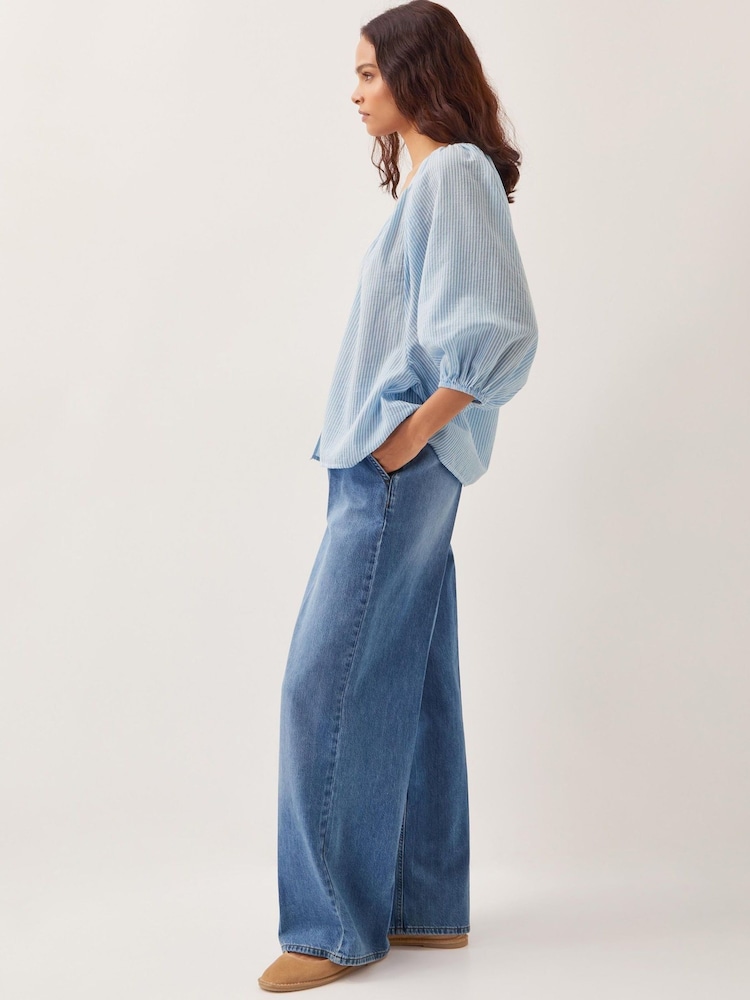 Monsoon Blue Avery Stripe 100% Cotton Blouse - Image 3 of 4