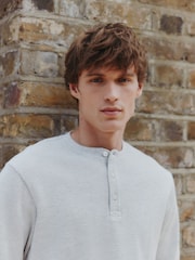 Grey Long Sleeve Grandad Collar 100% Cotton T-Shirt - Image 1 of 8