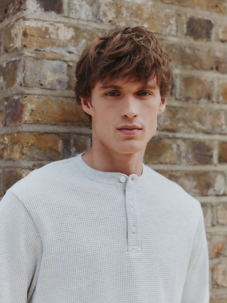 Grey Long Sleeve Grandad Collar 100% Cotton T-Shirt - Image 1 of 8 Grey Long Sleeve Grandad Collar 100% Cotton T-Shirt - Image 1 of 8