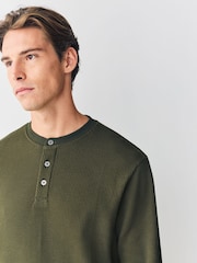 Green Long Sleeve Grandad Collar 100% Cotton T-Shirt - Image 1 of 8