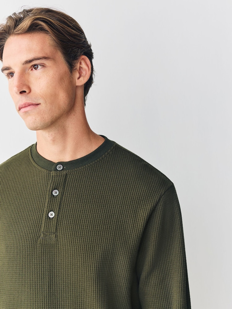 Green Long Sleeve Grandad Collar 100% Cotton T-Shirt - Image 1 of 8 Green Long Sleeve Grandad Collar 100% Cotton T-Shirt - Image 1 of 8