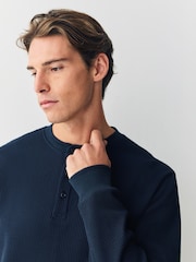 Navy Long Sleeve Grandad Collar 100% Cotton T-Shirt - Image 1 of 8