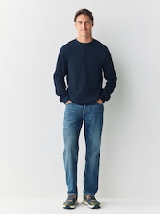 Navy Long Sleeve Grandad Collar 100% Cotton T-Shirt - Image 2 of 8