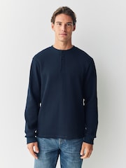 Navy Long Sleeve Grandad Collar 100% Cotton T-Shirt - Image 4 of 8
