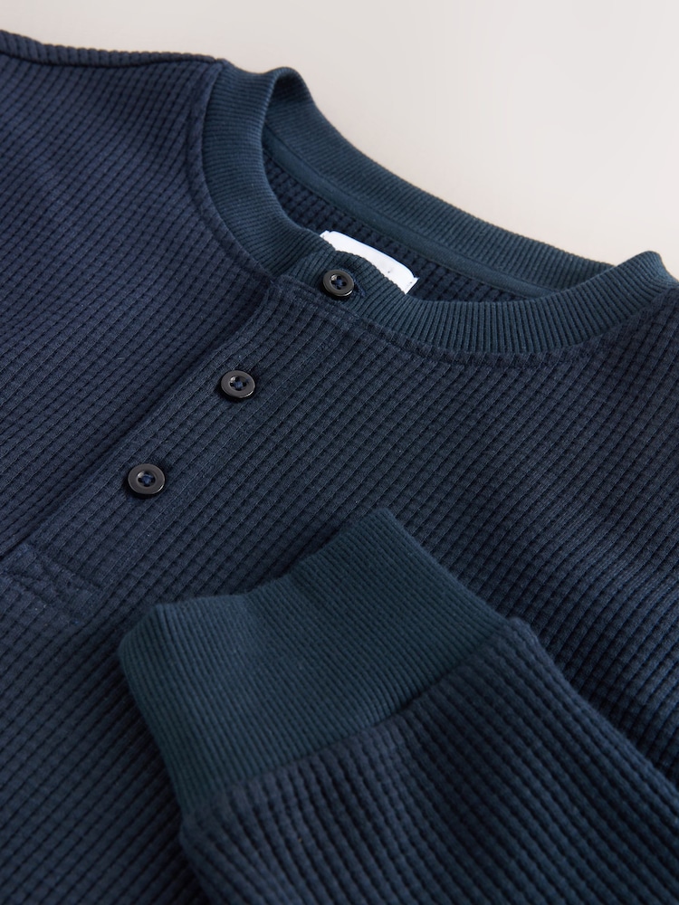 Navy Long Sleeve Grandad Collar 100% Cotton T-Shirt - Image 8 of 8