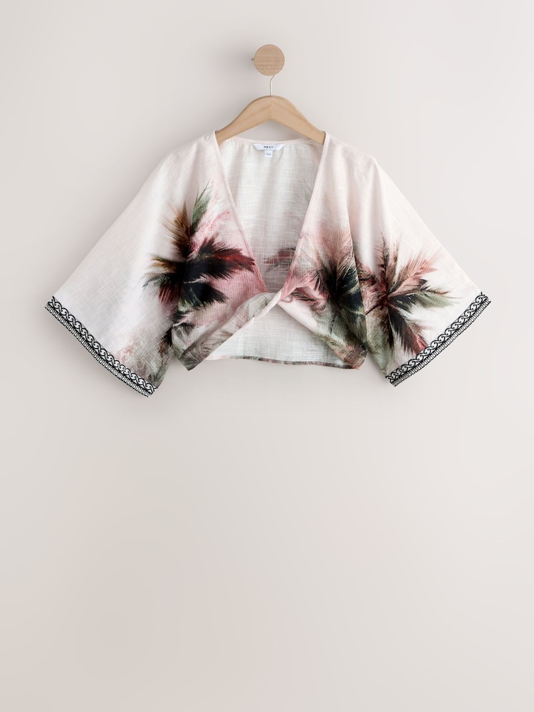 Black/White Palm Border Print Twist Front Cover-Up - Image 1 of 4