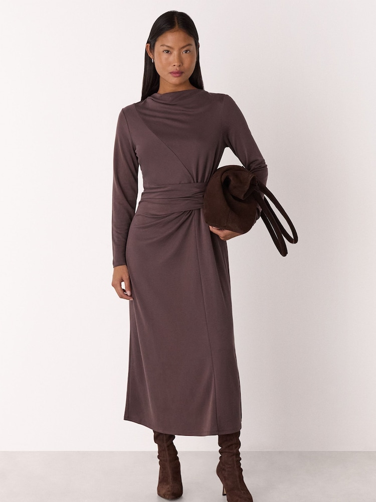 Whistles Brown Petite Ruched Detail Midi Dress - Image 1 of 4