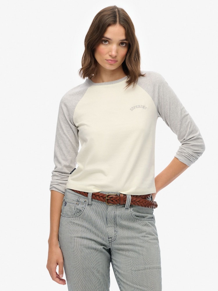 Superdry Grey Essential Logo Long Sleeve Baseball Top - Image 1 of 6 Superdry Grey Essential Logo Long Sleeve Baseball Top - Image 1 of 6