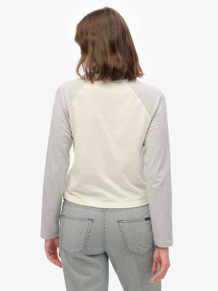 Superdry Grey Essential Logo Long Sleeve Baseball Top - Image 2 of 6 Superdry Grey Essential Logo Long Sleeve Baseball Top - Image 2 of 6