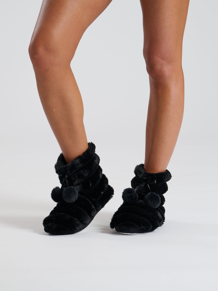 Loungeable Black Textured Faux Fur Bootie With Poms - Image 1 of 3 Loungeable Black Textured Faux Fur Bootie With Poms - Image 1 of 3