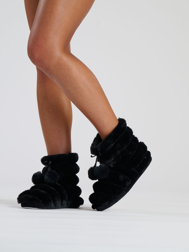Loungeable Black Textured Faux Fur Bootie With Poms - Image 2 of 3 Loungeable Black Textured Faux Fur Bootie With Poms - Image 2 of 3