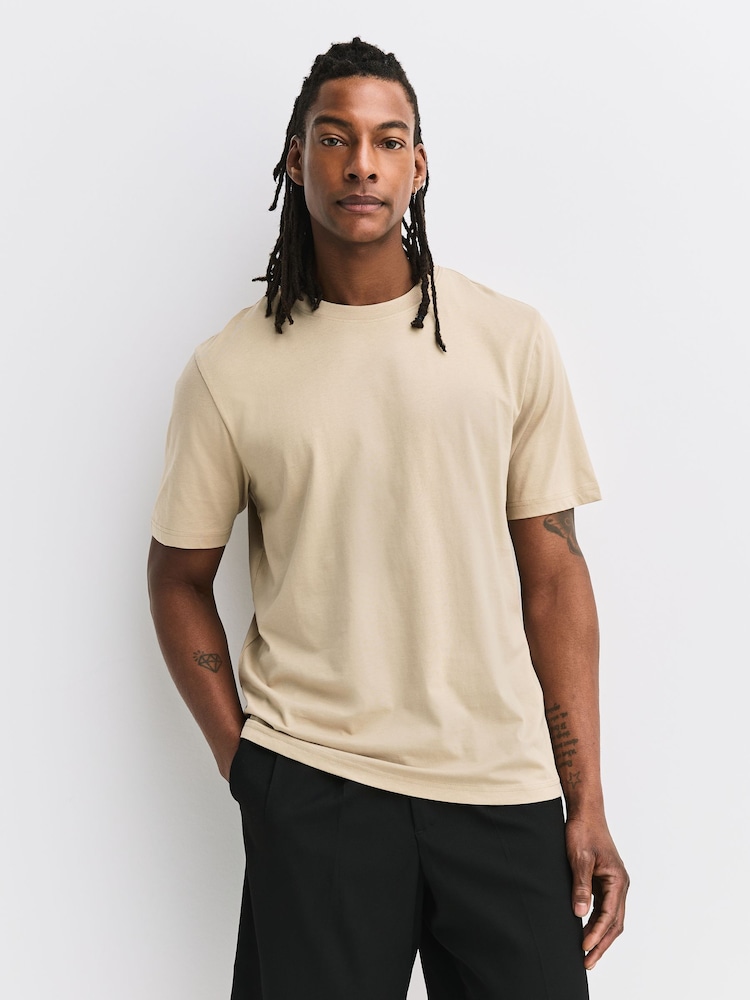 Brown camel Regular Fit Essential Crew Neck Cotton T-Shirt - Image 1 of 7 Brown camel Regular Fit Essential Crew Neck Cotton T-Shirt - Image 1 of 7