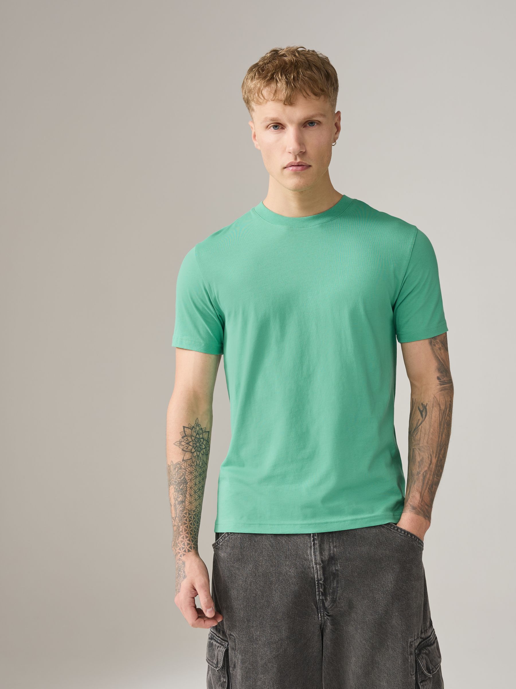 Buy Green Mint Slim Fit Essential Crew Neck Cotton T-Shirt from
