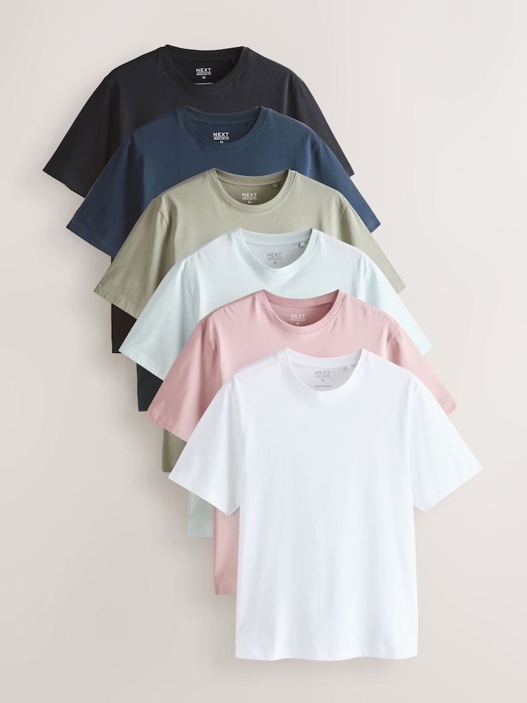 Dusky Pastels Pink/Sage/Aqua/White/Navy/Black Regular Fit Essential Cotton T-Shirts 6 Pack - Image 1 of 9