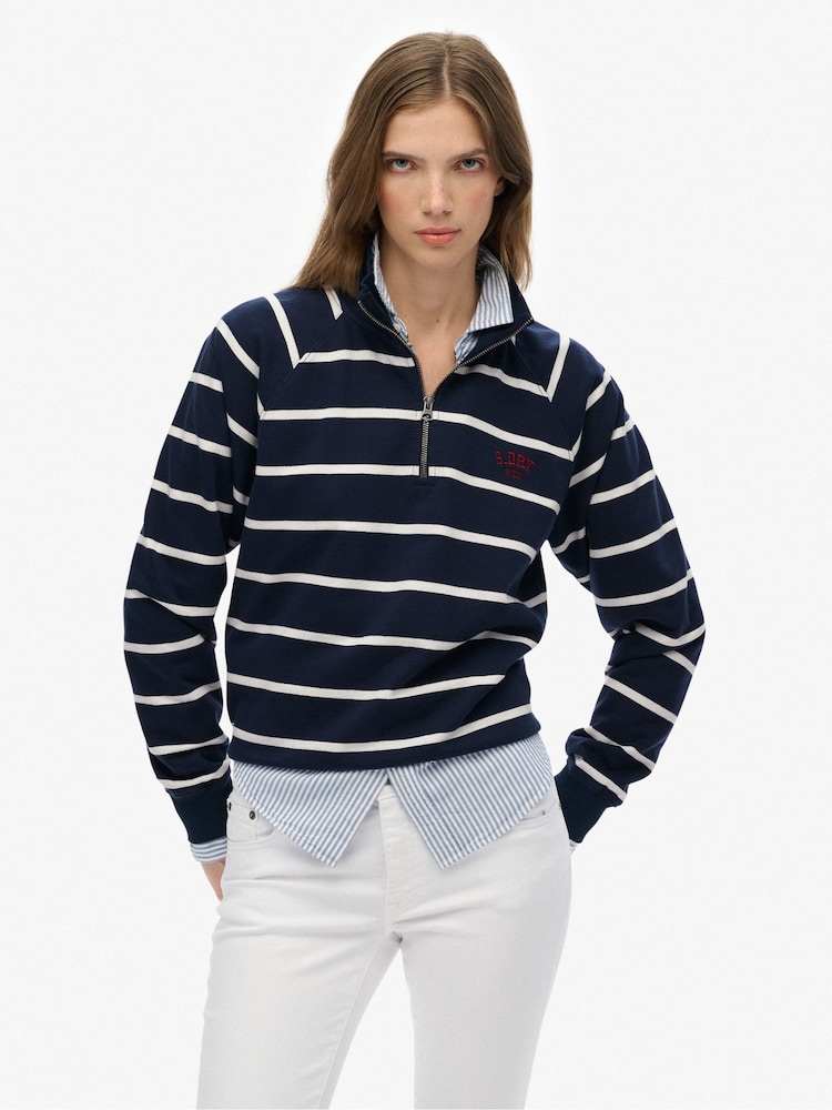 Superdry Blue Athletic Essentials Stripe Half Zip Jumper - Image 1 of 7 Superdry Blue Athletic Essentials Stripe Half Zip Jumper - Image 1 of 7
