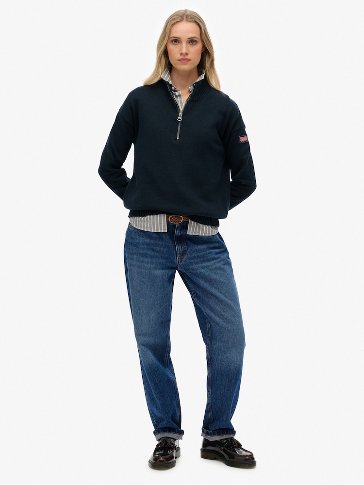 Superdry Blue Slouchy Knitted Half Zip Jumper - Image 1 of 6