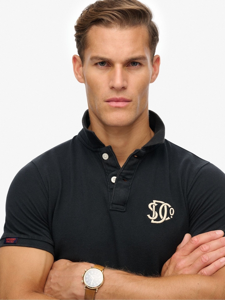 Superdry Blue Vintage Athletic Embroidered Polo Shirt - Image 5 of 5 Superdry Blue Vintage Athletic Embroidered Polo Shirt - Image 5 of 5