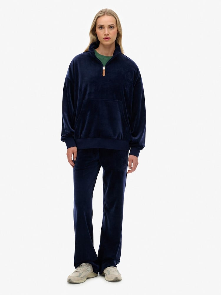 Superdry Blue Country Club Velour Quarter Zip Sweattop - Image 1 of 7 Superdry Blue Country Club Velour Quarter Zip Sweattop - Image 1 of 7