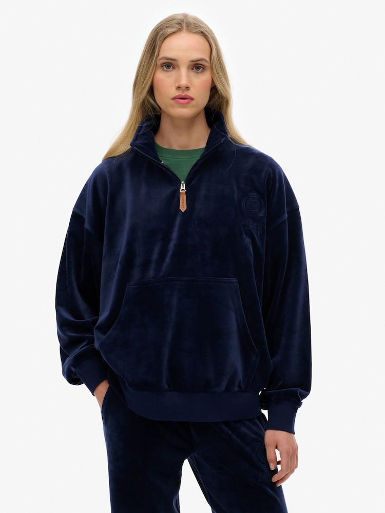 Superdry Blue Country Club Velour Quarter Zip Sweattop - Image 2 of 7 Superdry Blue Country Club Velour Quarter Zip Sweattop - Image 2 of 7