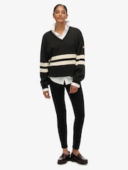 Superdry Grey Oversized Striped V-Neck Jumper - Image 1 of 5