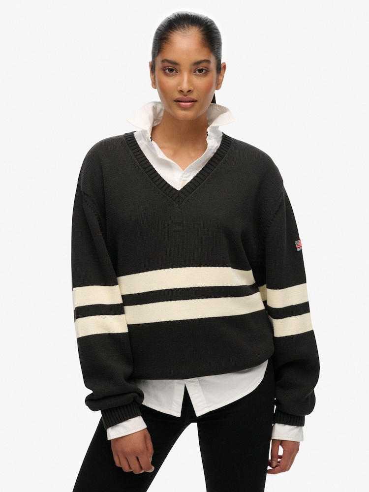 Superdry Grey Oversized Striped V-Neck Jumper - Image 2 of 5