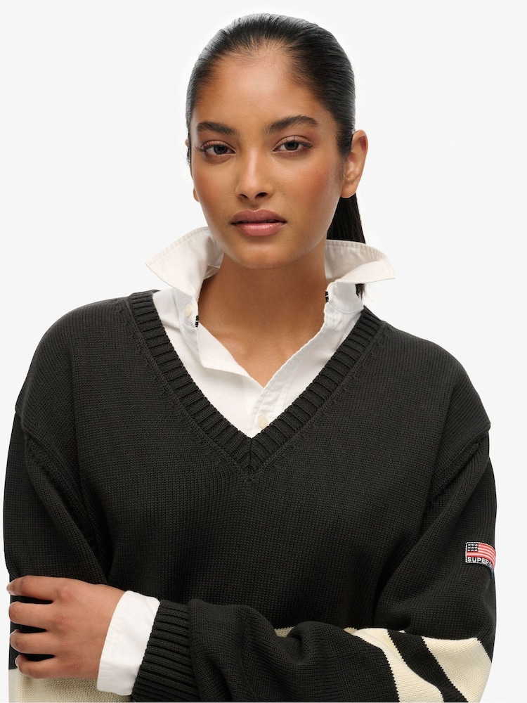 Superdry Grey Oversized Striped V-Neck Jumper - Image 5 of 5
