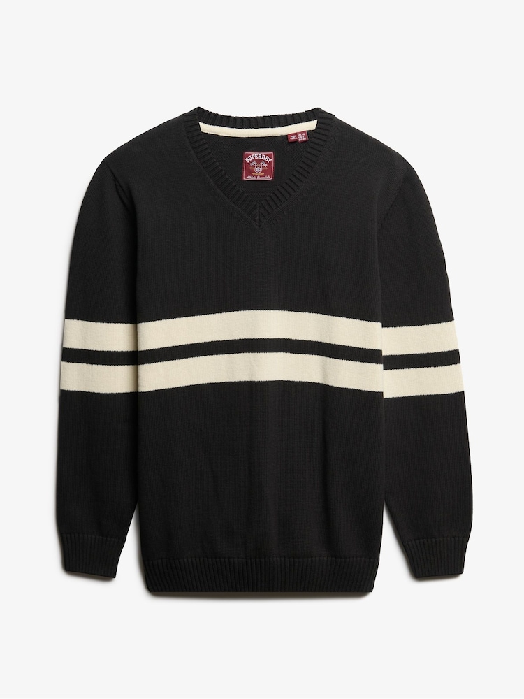 Superdry Grey Oversized Striped V-Neck Jumper - Image 6 of 6 Superdry Grey Oversized Striped V-Neck Jumper - Image 6 of 6