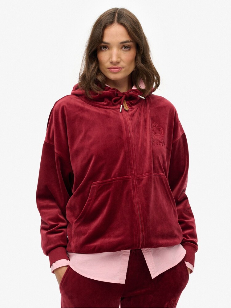 Superdry Red Country Club Velour Zip Hoodie - Image 2 of 6