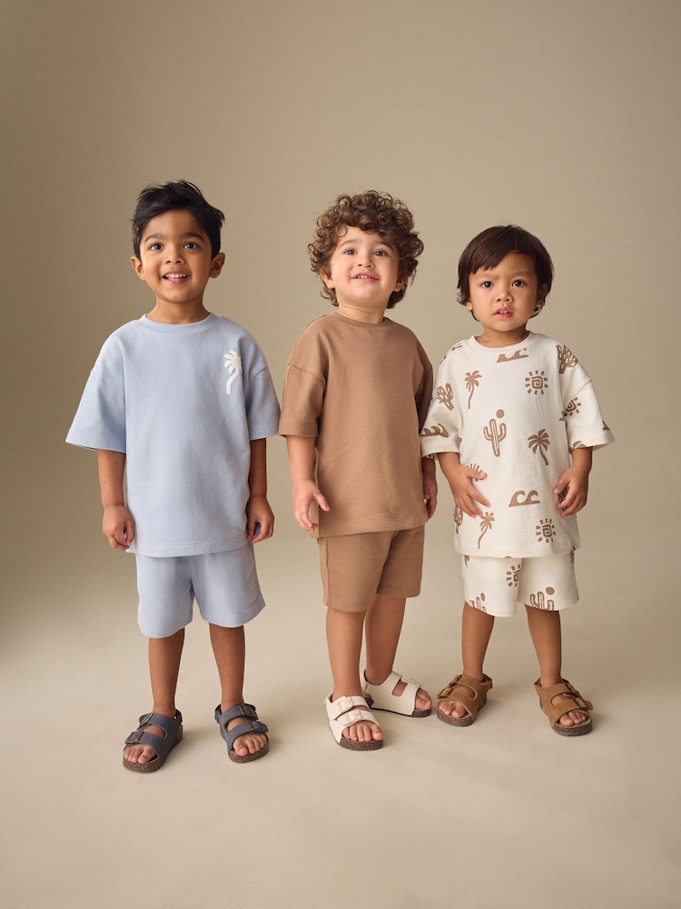 Neutral/Blue/White Cactus Short Sleeve T-Shirt and Shorts Set 3 Pack (3mths-7yrs) - Image 1 of 11