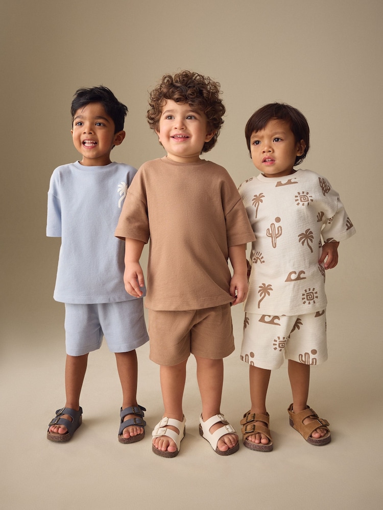 Neutral/Blue/White Cactus Short Sleeve T-Shirt and Shorts Set 3 Pack (3mths-7yrs) - Image 2 of 11