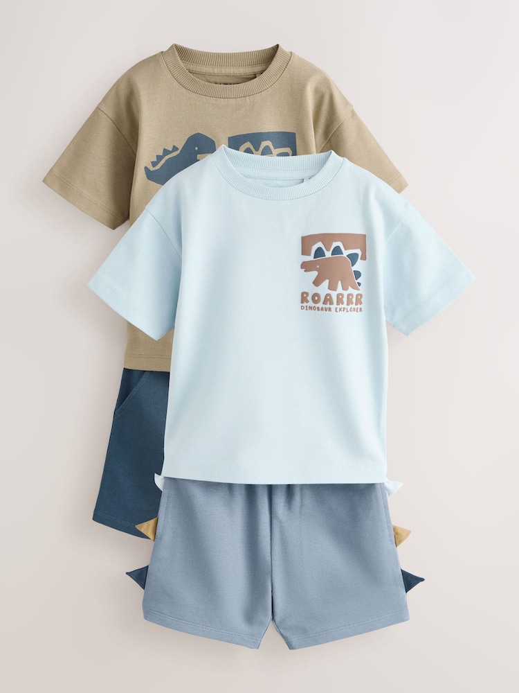 Blue/Brown Dinosaur Spikes Short Sleeve T-Shirt and Shorts Set 2 Pack (3mths-7yrs) - Image 1 of 6