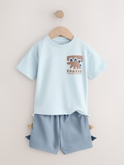 Blue/Brown Dinosaur Spikes Short Sleeve T-Shirt and Shorts Set 2 Pack (3mths-7yrs) - Image 7 of 12