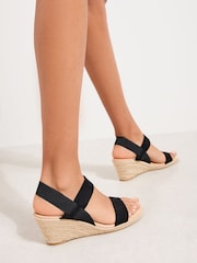 Faux Suede Black - Friends Like These Elastic Low Espadrille Wedge Comfort Casual Sandals - 5এর মধ্যে 4 ছবি