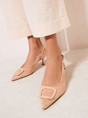 Friends Like These Faux Suede Nude Wide Fit Buckle Detail Slingback Kitten Heel Smart Court Shoes - Image 1 of 5