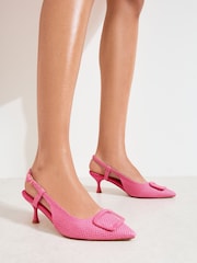 Friends Like These Pink Woven Raffia Wide Fit Buckle Detail Slingback Kitten Heel Smart Court Shoes - Image 1 of 5