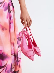 Friends Like These Pink Woven Raffia Wide Fit Buckle Detail Slingback Kitten Heel Smart Court Shoes - Image 4 of 5
