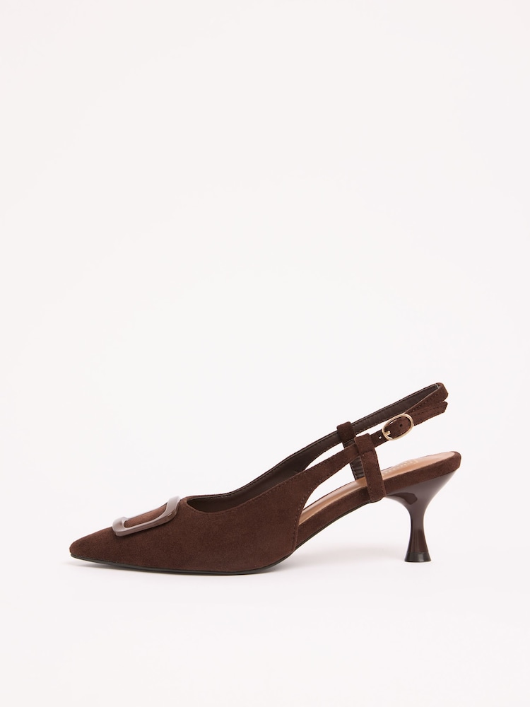 Friends Like These Faux Suede Chocolate Brown Standard Fit Buckle Detail Slingback Kitten Heel Smart Court Shoes - Image 5 of 5