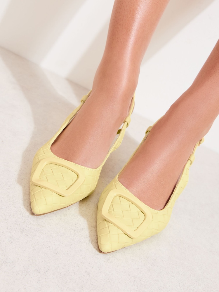 Friends Like These Faux Leather Yellow Standard Fit Buckle Detail Slingback Kitten Heel Smart Court Shoes - Image 2 of 5